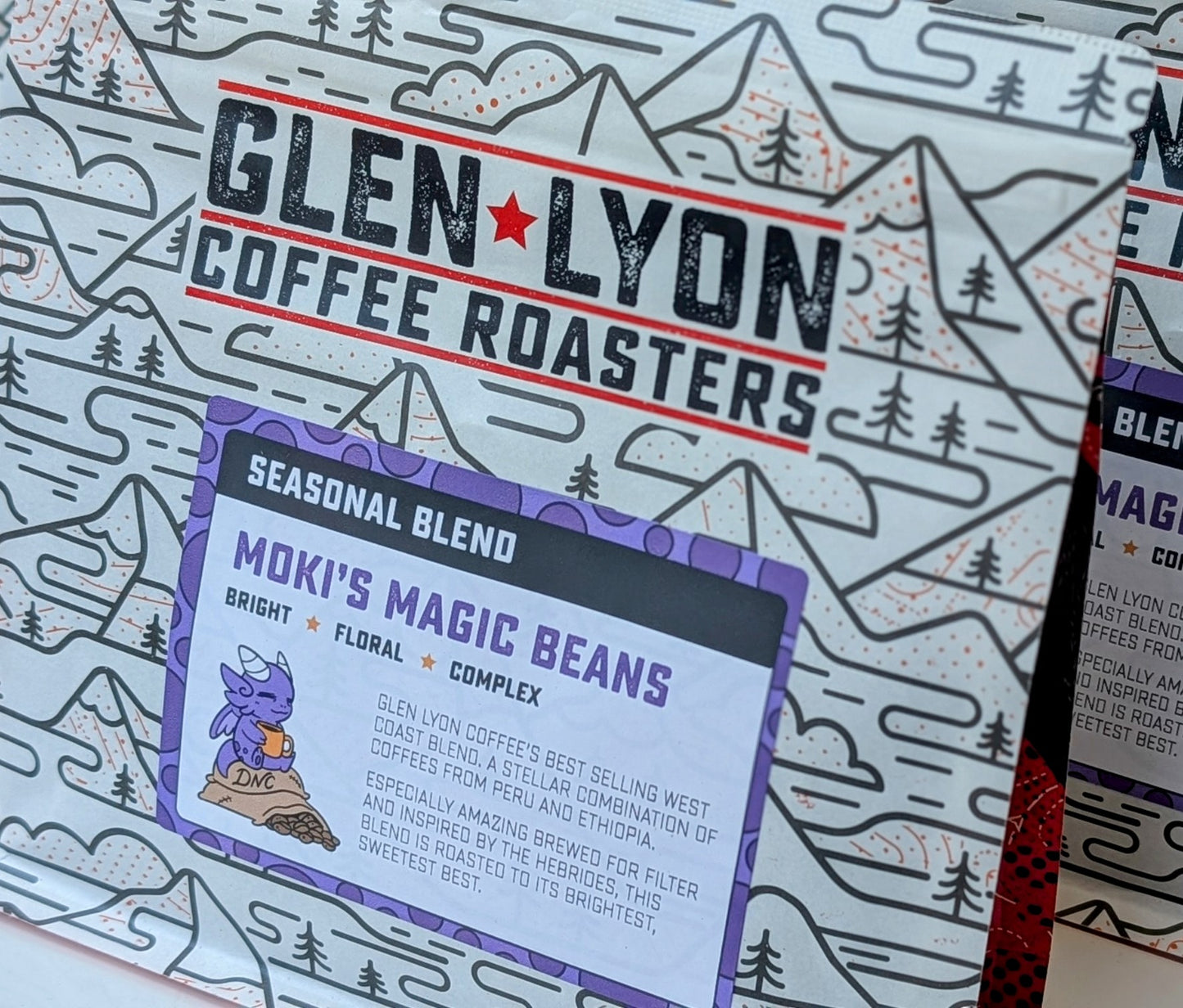 Glen Lyon Coffee Roasters packaging with a seasonal blend label on a mountain-themed background